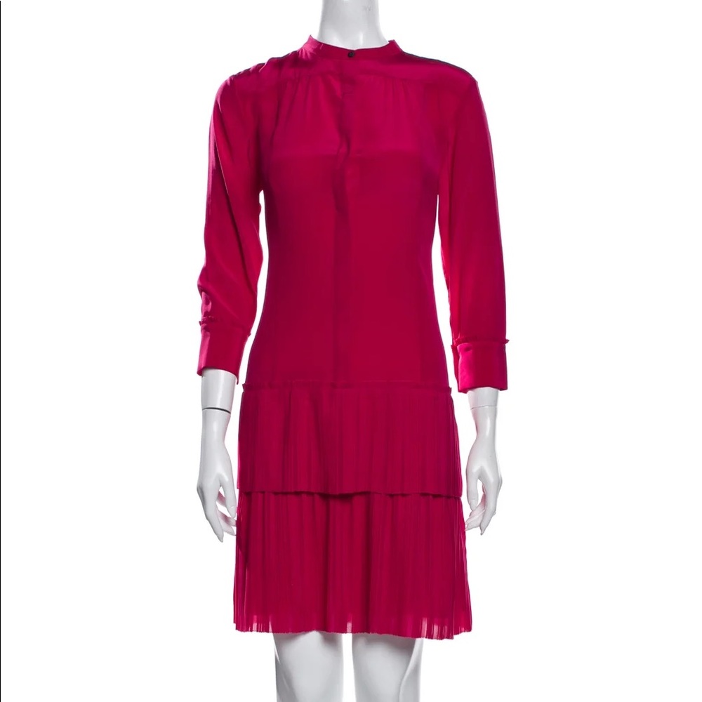 Thakoon tiered Pleated Silk Shirtdress 3/4 sleeves knee‎ length crew neck pink